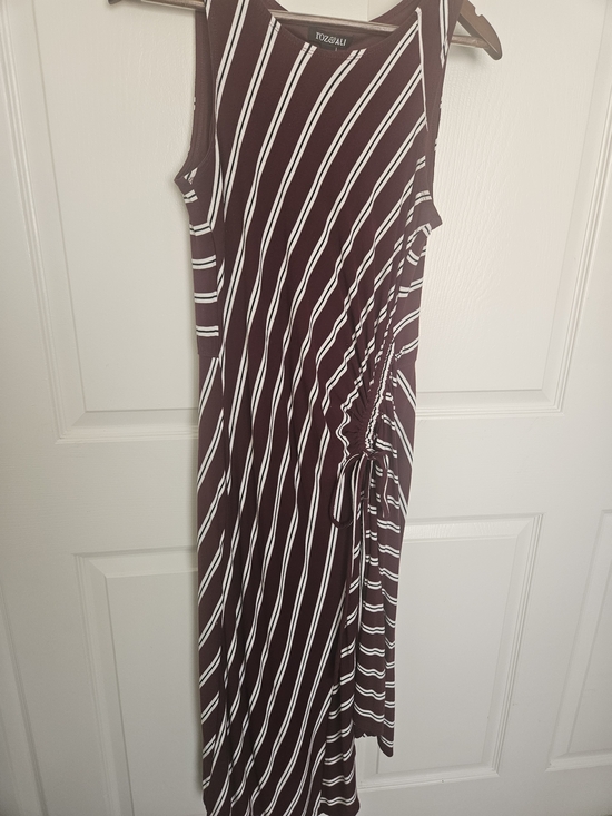 Roz & Ali Dresses & Skirts - Burgundy and White Striped Maxi Dress with Side Ruched Tie